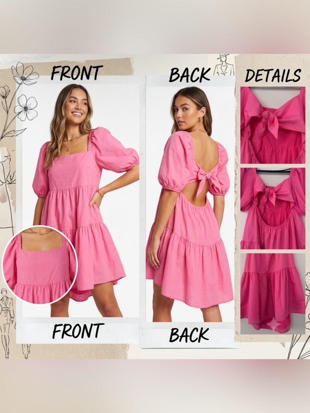 OWNGIGI Hot Pink Tiered Mini Dress Puff Sleeve Cutout Tie Back L Cotton Coquette